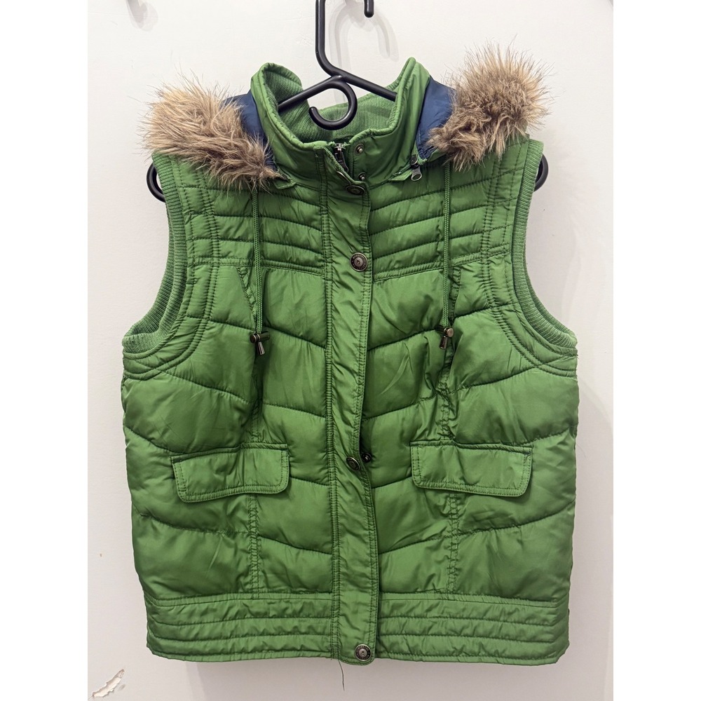 Mossimo Supply Co. Women's Hooded Puffer Vest Green Faux Fur Trim Size XL